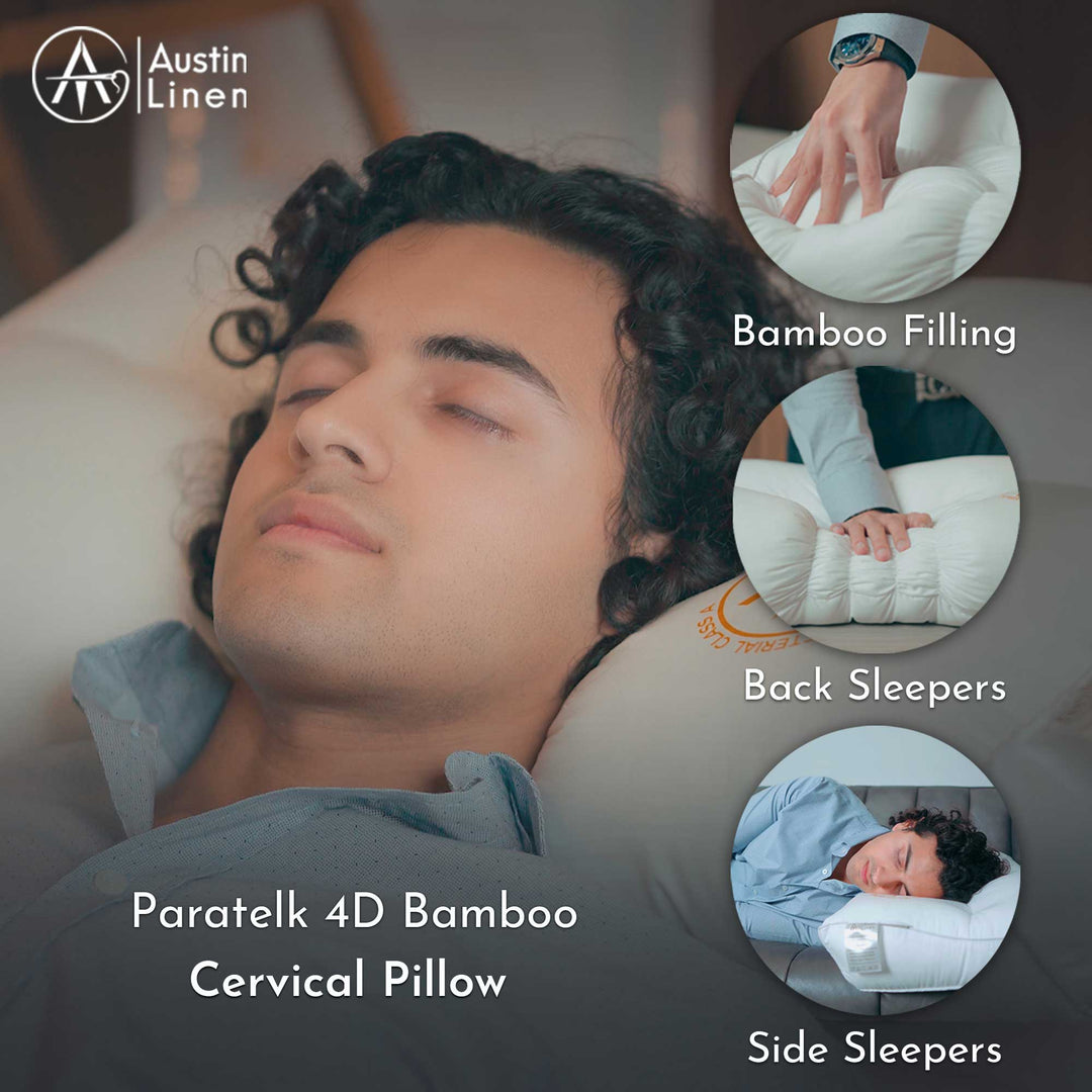 Man sleeping with a Paratellk 4D Bamboo Cervical Pillow, highlighting bamboo filling and sleep positions.