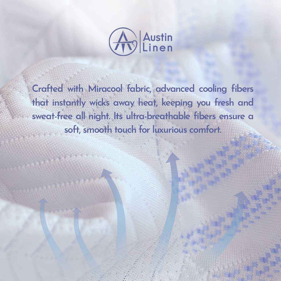 Text about Miracool fabric and cooling fibers on a textured fabric background with Austin Linen logo.