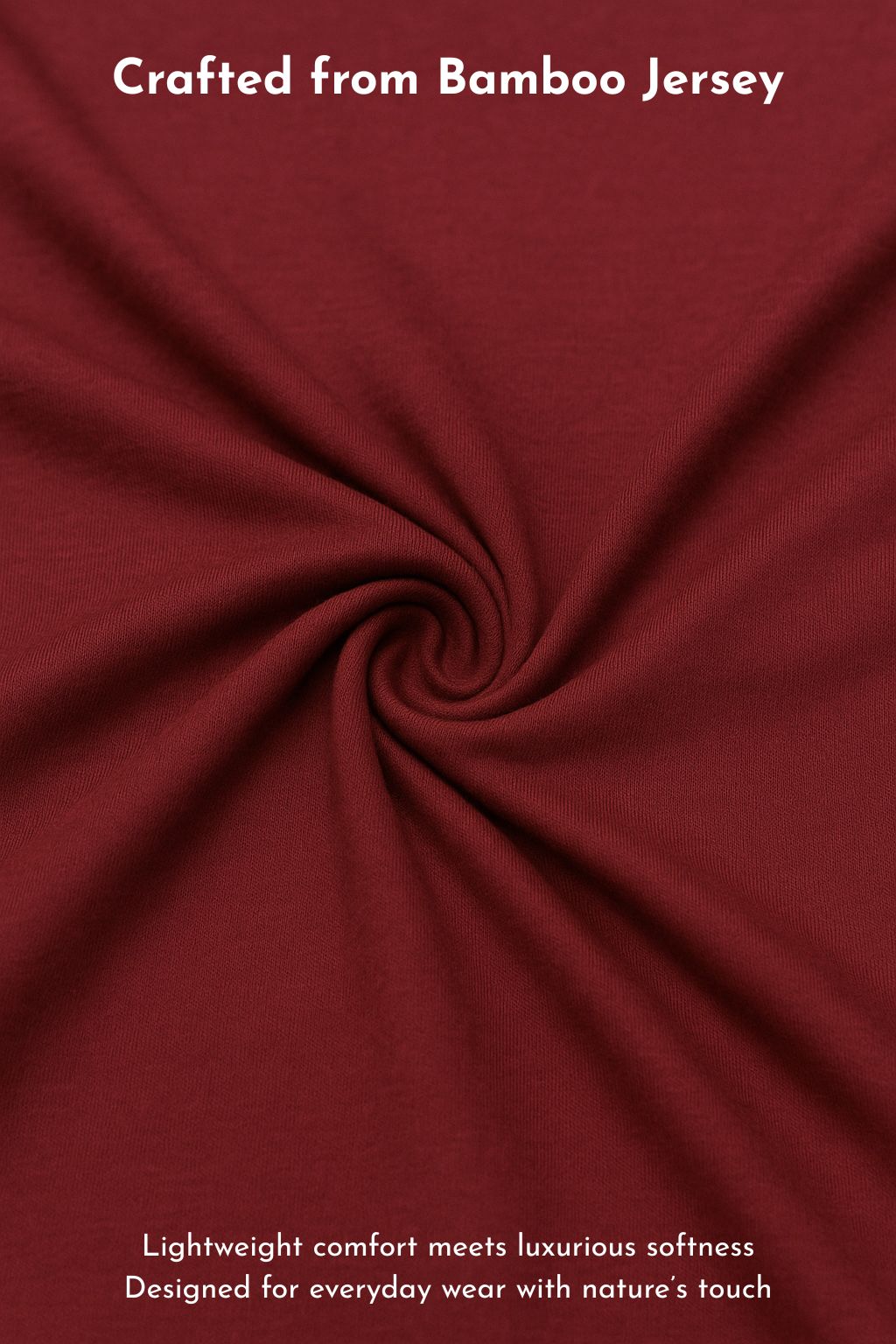 Close-up of red fabric with text about bamboo jersey and comfort.