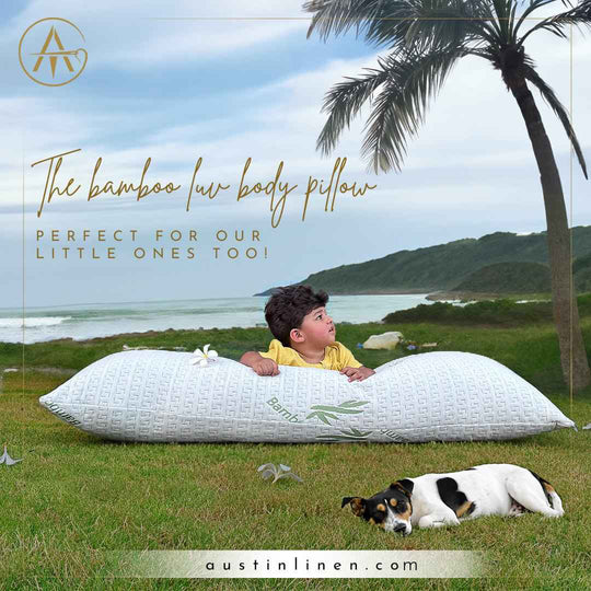 Child lying on a large white pillow with a scenic background, featuring a dog.